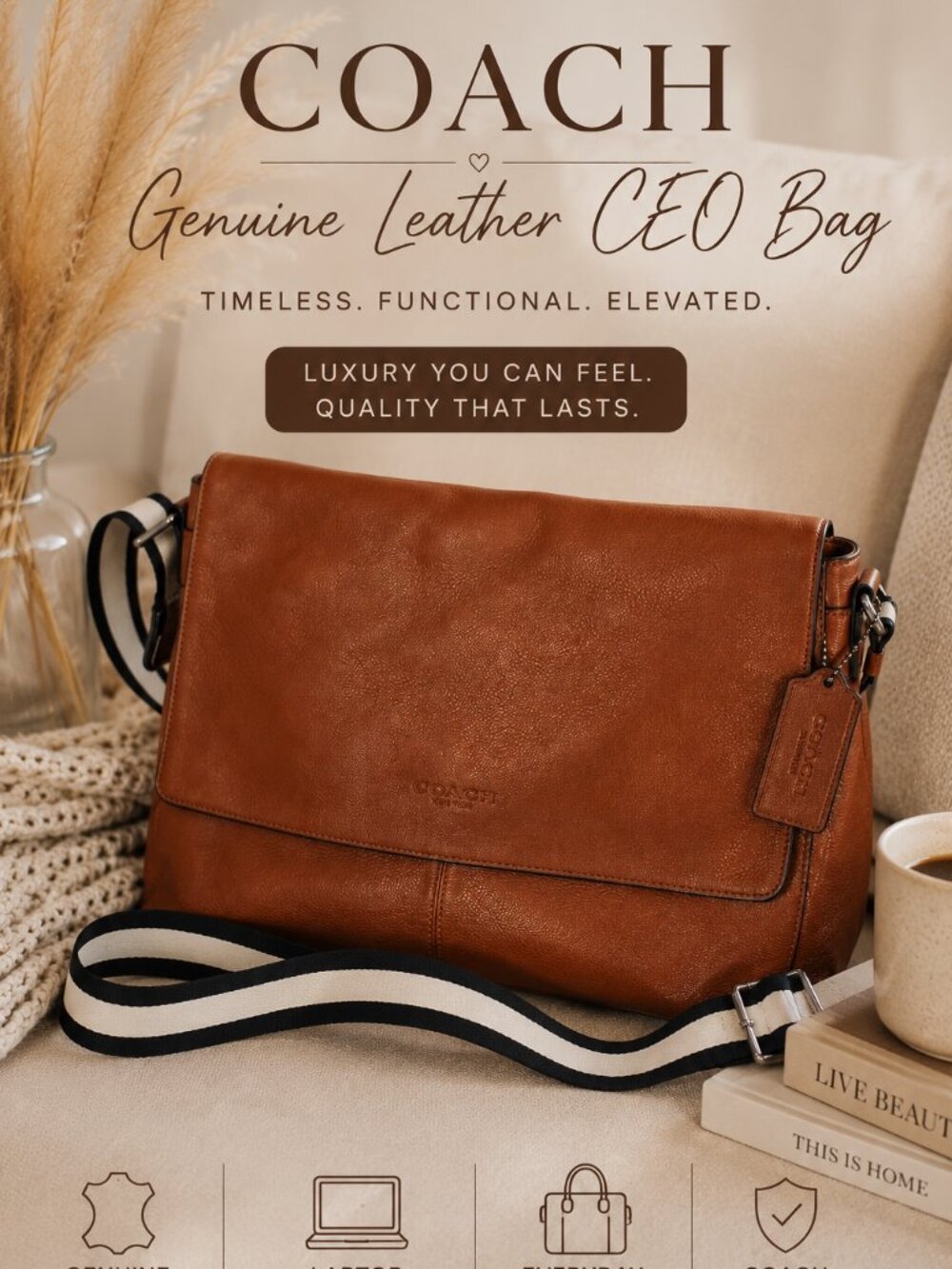Coach Genuine Leather Laptop Bag Brown Messenger CEO Work Tote Crossbody